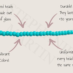 May include: A close-up of a strand of turquoise blue seed beads made of glass. The beads are uniform in size and are described as durable, lasting over 30 years. The beads are also described as vibrant in color.