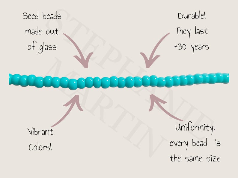 May include: A close-up of a strand of turquoise blue seed beads made of glass. The beads are uniform in size and are described as durable, lasting over 30 years. The beads are also described as vibrant in color.