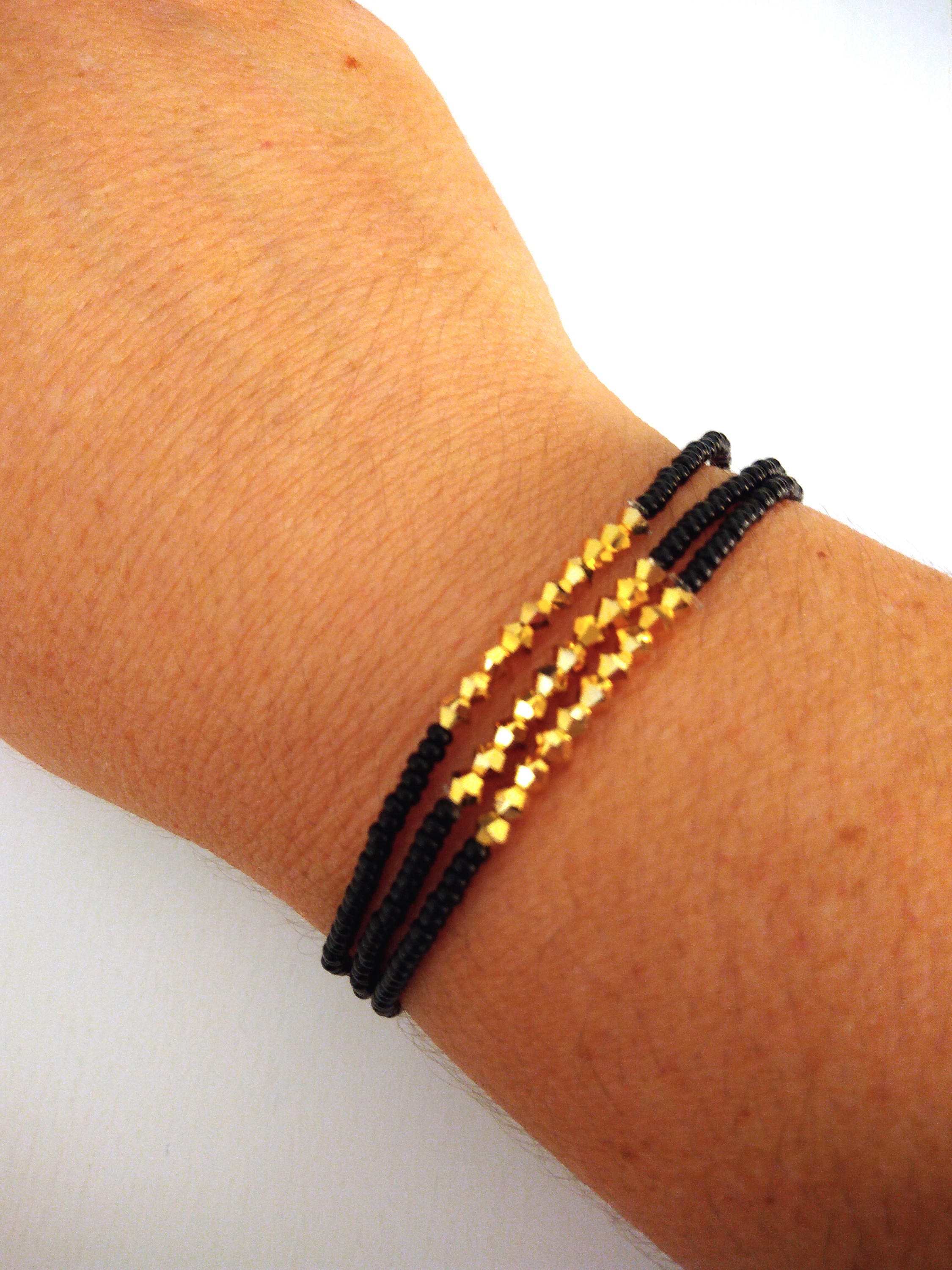 Black Beaded Bracelet Black and Gold Braceletboho Chic Etsy