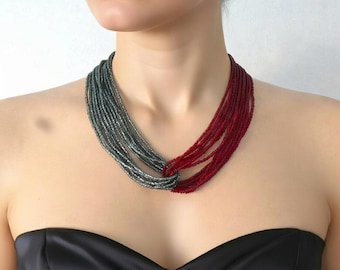 Collier grenat bohème, collier de perles de rocaille, bijoux rouge et argent