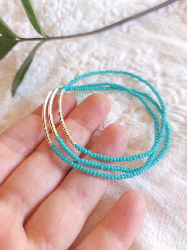 Turquoise bracelet bar bracelet gift set seed bead bracelet beaded bracelet aqua bracelet noodle minimalist bracelet,stacking elastic image 2