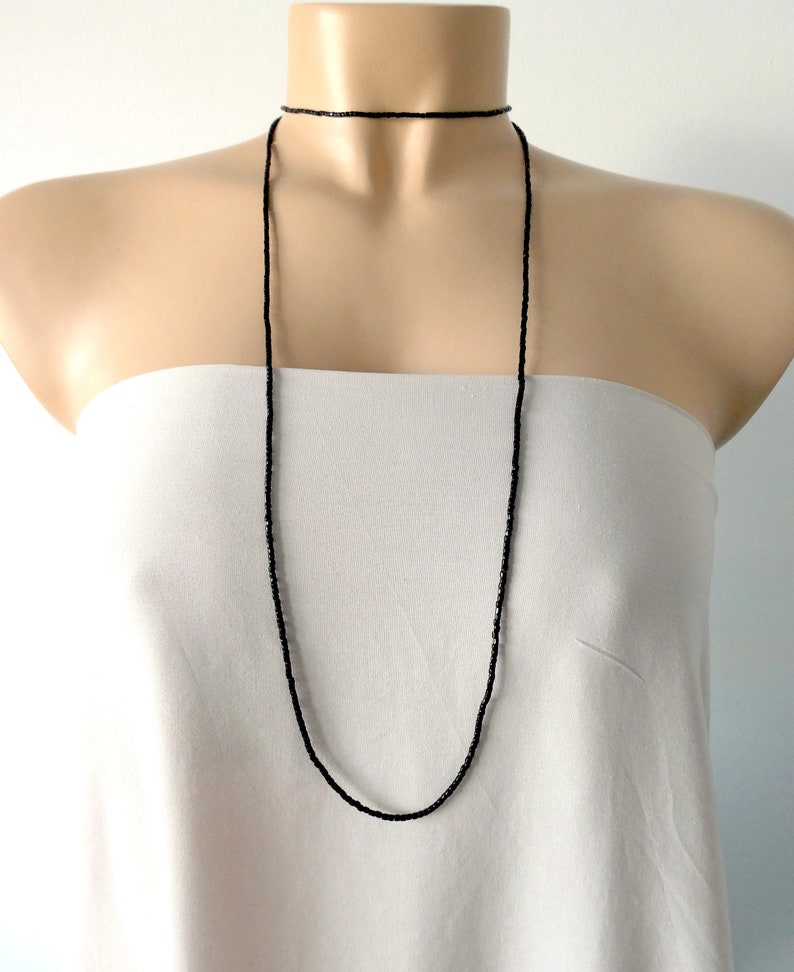 Long black layering necklace, boho necklace, dainty black necklace, seed bead necklace, one strand necklace, layered necklace, unisex image 2