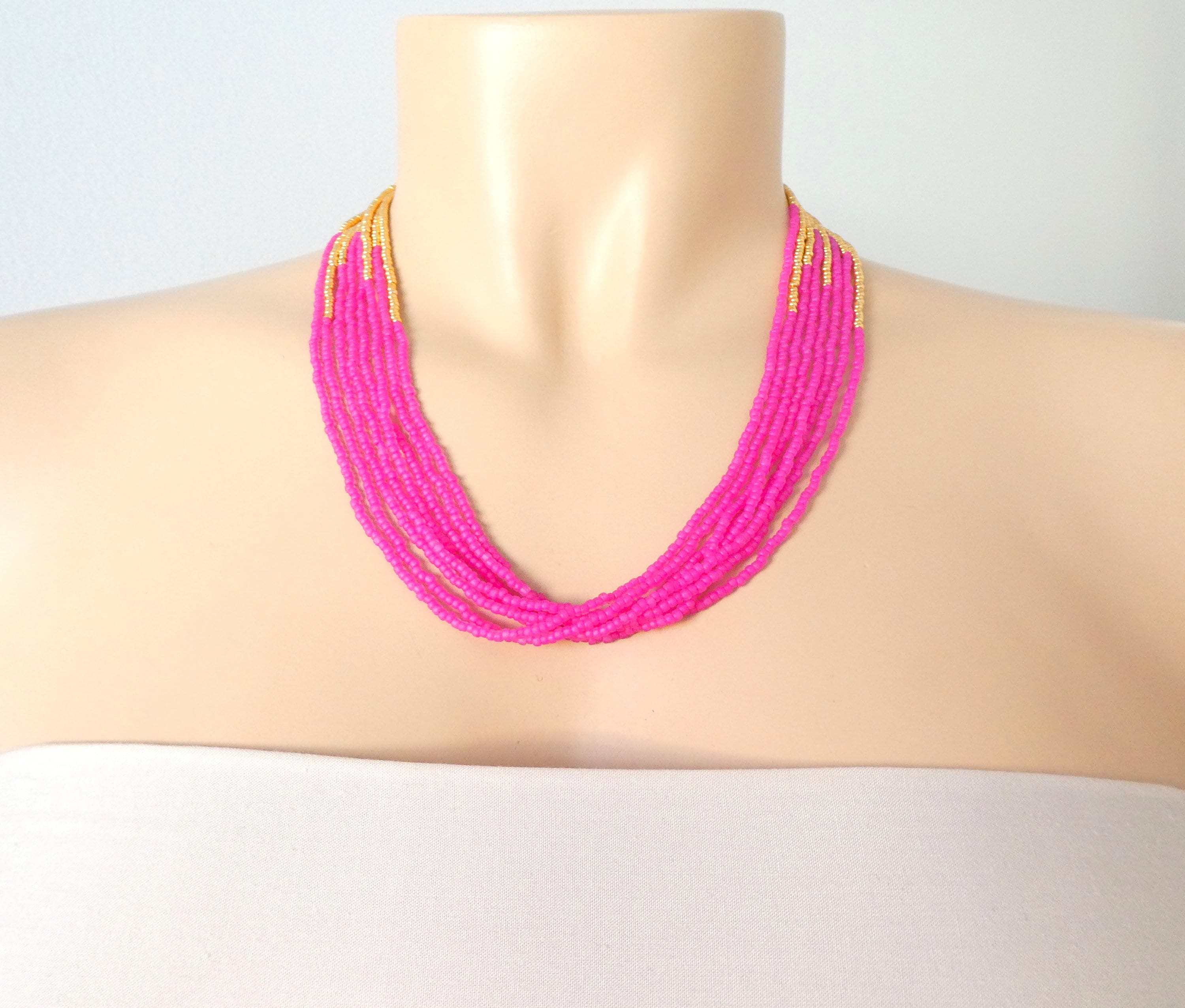 Hot Pink and Gold Necklace Seed Bead Necklace hot Pink Necklace