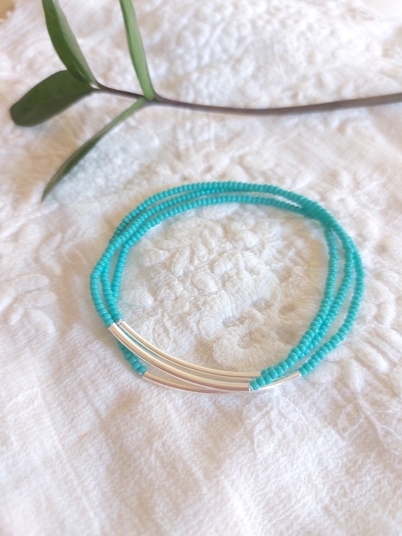 Turquoise bracelet bar bracelet gift set seed bead bracelet beaded bracelet aqua bracelet noodle minimalist bracelet,stacking elastic image 5