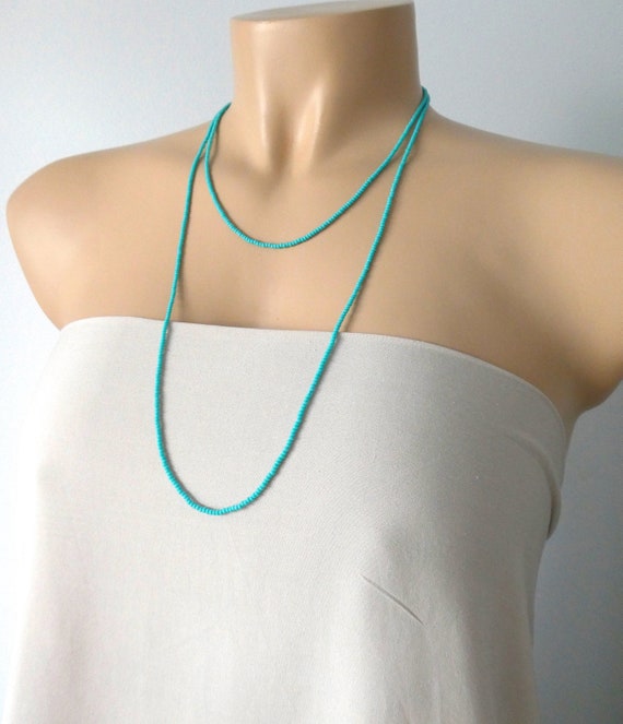 Long Dainty Beaded Turquoise Necklace, Boho Necklace, Aqua Seed