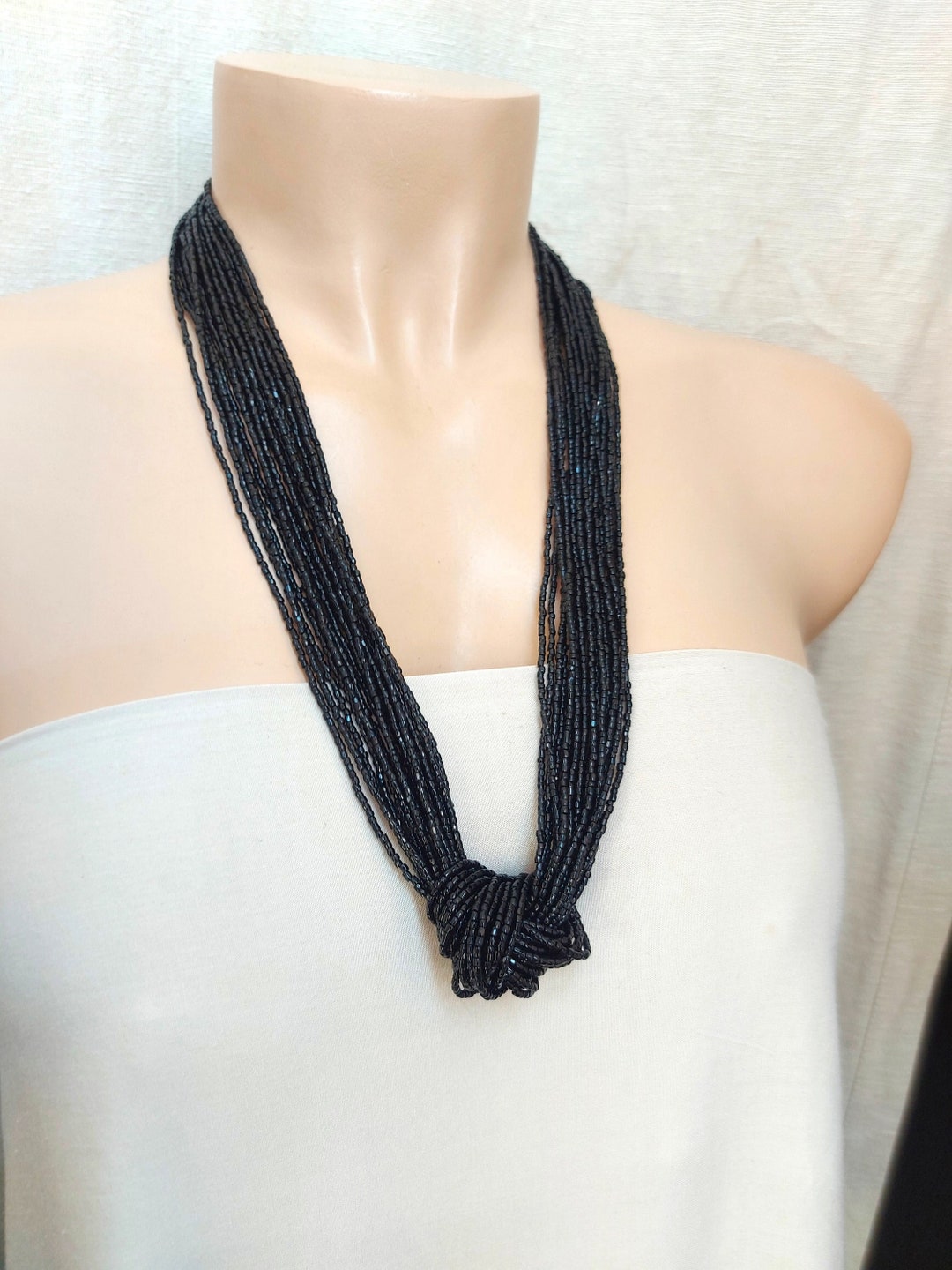 Long Black Beaded Necklace Seed Bead Boho Necklace Knot Etsy