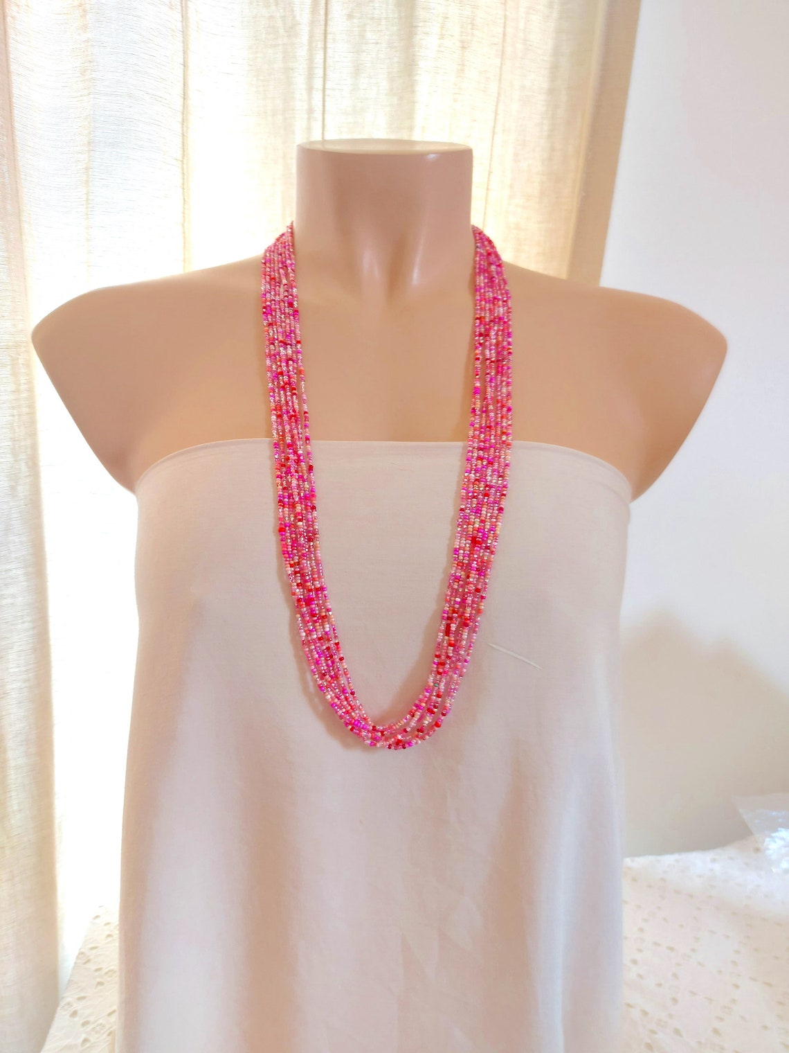 Long Pink Necklace Ombre Pink Necklace Beaded Necklace Boho Etsy