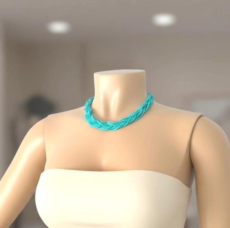 Beaded boho turquoise necklace,seed bead necklace,statement necklace,choker necklace,braided necklace,teal necklace,bridesmaid jewelry image 4