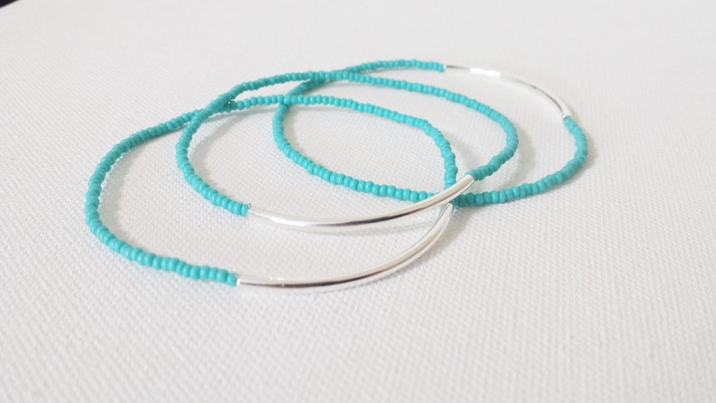 Turquoise bracelet bar bracelet gift set seed bead bracelet beaded bracelet aqua bracelet noodle minimalist bracelet,stacking elastic image 3