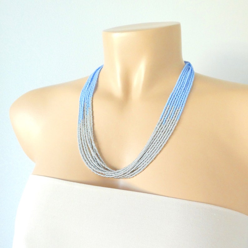 Pastel blue and silver necklace powder blue multi strand beaded necklace,seed bead boho necklace,bridesmaid necklace,gift for women,for her