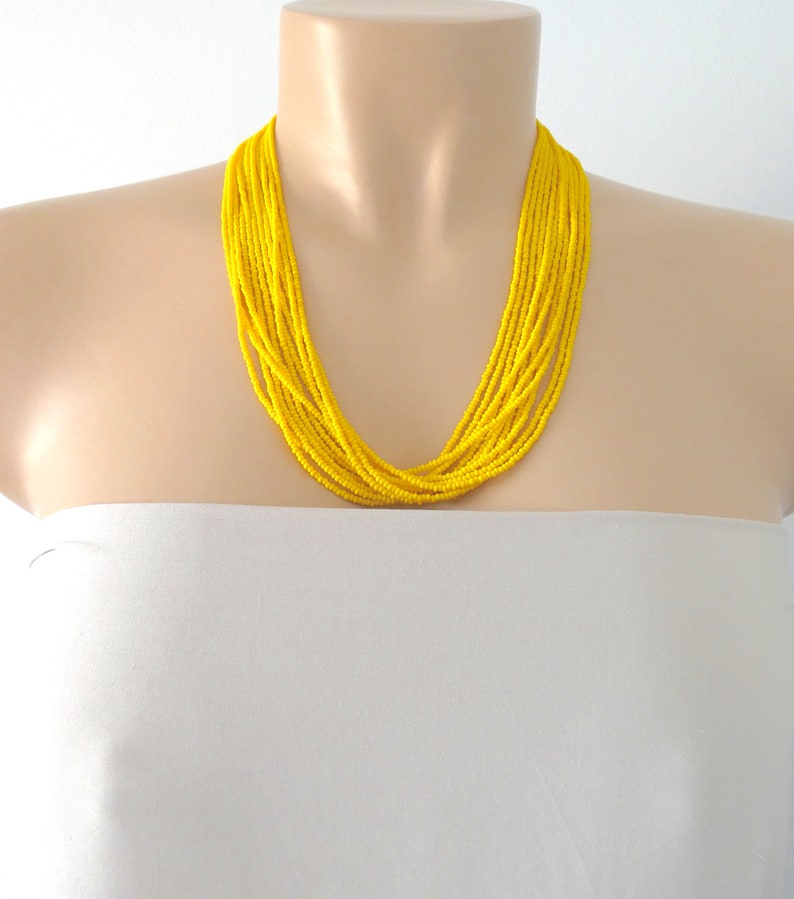 Boho Yellow Seed Bead Necklace, Multistrand Statement Necklace, Handmade Summer Jewelry image 5
