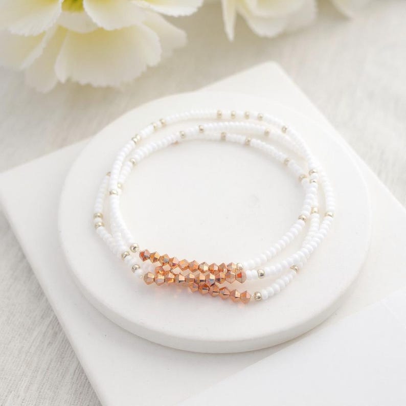 Metal free set of bracelets White and rose gold elastic bracelets, allergy friendly image 1