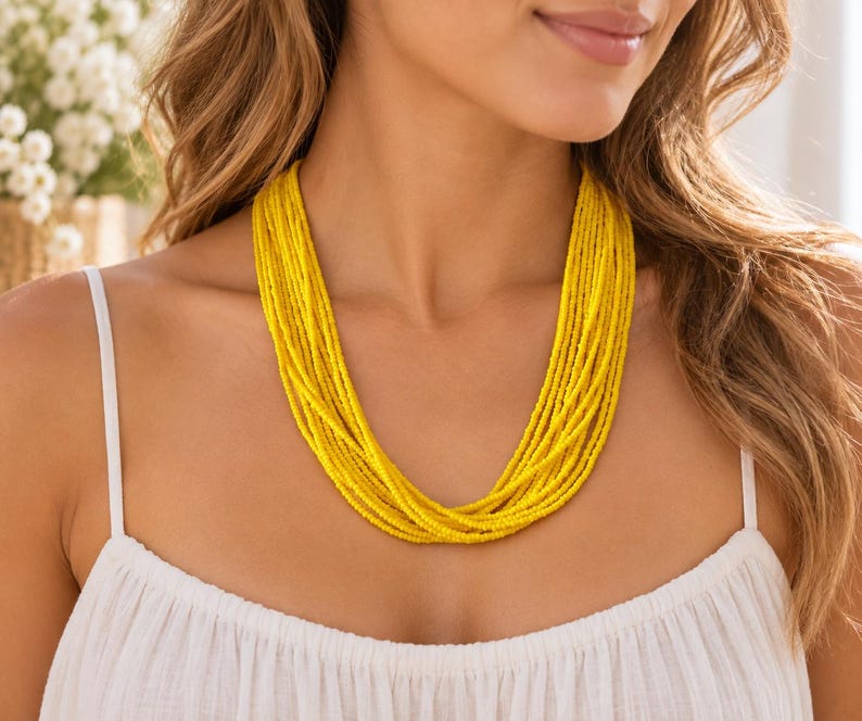 Boho Yellow Seed Bead Necklace, Multistrand Statement Necklace, Handmade Summer Jewelry image 3