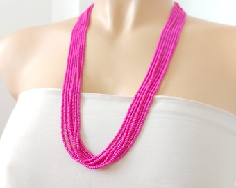Hot pink beaded boho necklace, Bridesmaid gifts,mother of the bride necklace,bridal party gift,multistrand necklace,magenta,fuchsia necklace