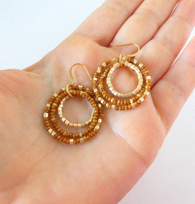 Caramel and Gold Earrings Brown Earrings Dangling Hoop Etsy