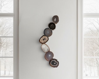 Brazilian Agate Wall Art Set, 7 Slice Gray Brown Cream Mix Statement Installation, Ready to Ship