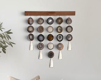 24-Inch Brazilian Agate Wall Hanging, Dark & Moody Ember Uma in Charcoal Brown Cream with Walnut Wood