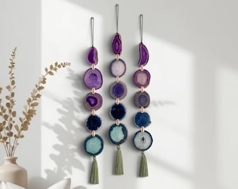 Purple and Teal 5-Slice Agate Wall Hanging Garland on Wood with Green Tassel
