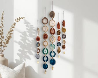 Natural Boho Brazilian Agate Garland -Natural Amber Green & Teal Handmade Wall Hanging