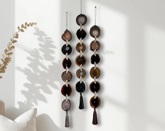 Brazilian Agate Boho Wall Hanging, Dark Brown Black Ember Garland with Silk Tassel