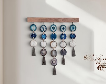 24-Inch Brazilian Agate Wall Hanging, Uma Ocean Coastal Boho Design with Walnut Wood