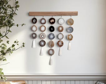 24-Inch Brazilian Agate Wall Hanging, Uma Umber in Natural Gray Brown with Walnut Wood and White Tassels