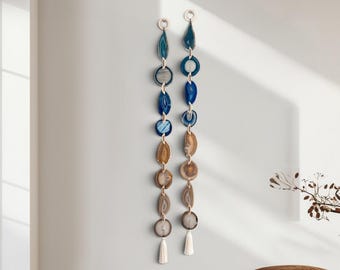 42" Brazilian Agate Wall Hanging, Teal Blue Natural Ombré Garland with White Tassels