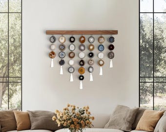 36" Brazilian Agate Wall Hanging, Large Statement Umber Uma in Natural Gray Brown with Walnut Wood