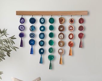 36-Inch Boho Large Chakra Agate Wall Hanging – Rainbow Statement Piece with Extra Row