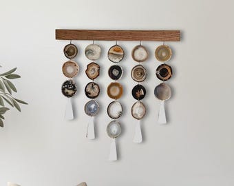 24-Inch Umber Agate Wall Hanging: Boho Natural Gold Brown Gray Stone Art with Silk Tassels