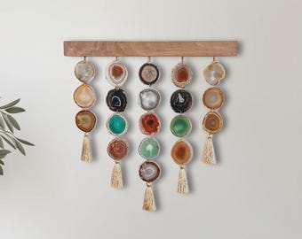 24-Inch Agate Wall Hanging: Southwest Boho Natural Amber Green Crystal Decor with Silk Tassels