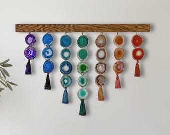 36-Inch Chakra Rainbow Agate Wall Hanging – Colorful Rainbow Boho Geode Statement Piece