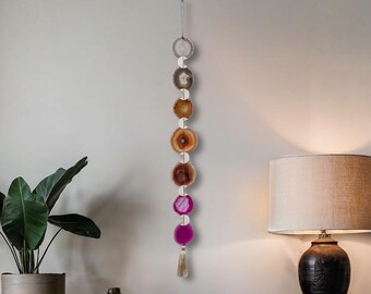 Brazilian Agate Wall Hanging, Natural Amber Pink Boho Garland, Sunset Design