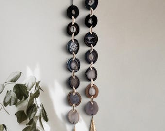 Brazilian Agate Wall Hanging, Black Taupe Gray Esme Garland, Custom Tassel Bell, Made to Order