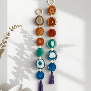 Brazilian Agate Wall Hanging, Rainbow Boho Garland, Gold Leather Purple Tassel, Ready to Ship