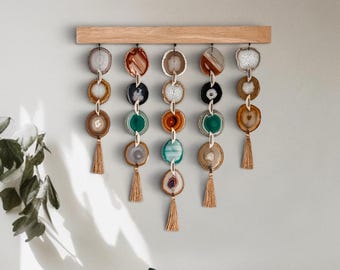 24-Inch Brazilian Agate Wall Hanging, Sedona Uma Natural Amber Green Slices with White Oak, Made to Order