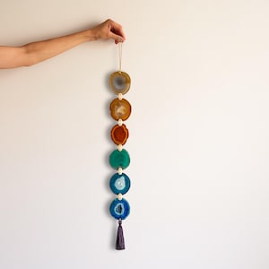 Brazilian Agate Wall Hanging, Rainbow Boho Garland, Gold Leather Purple Tassel