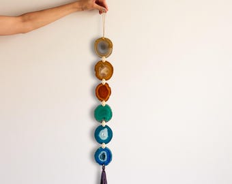 Brazilian Agate Wall Hanging, Rainbow Boho Garland, Gold Leather Purple Tassel