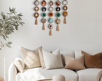 24-Inch Brazilian Agate Wall Hanging, Sedona Uma Natural Amber Green Slices with White Oak, Made to Order