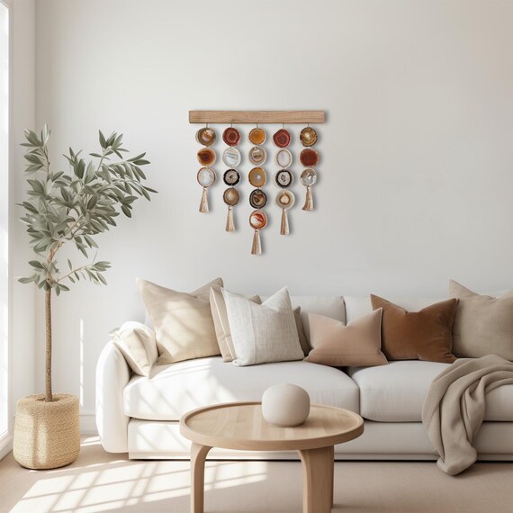 24" Amber Agate Wall Hanging: Boho Brass Wire Wrapped Natural Stone Art
