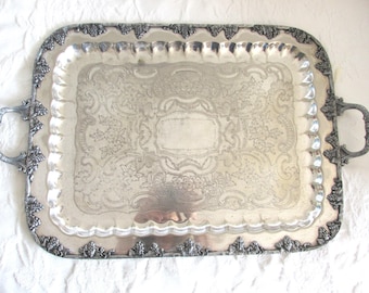 Vintage Silver Plate Waiter Tray: Grape & Floral Design - Free Shipping