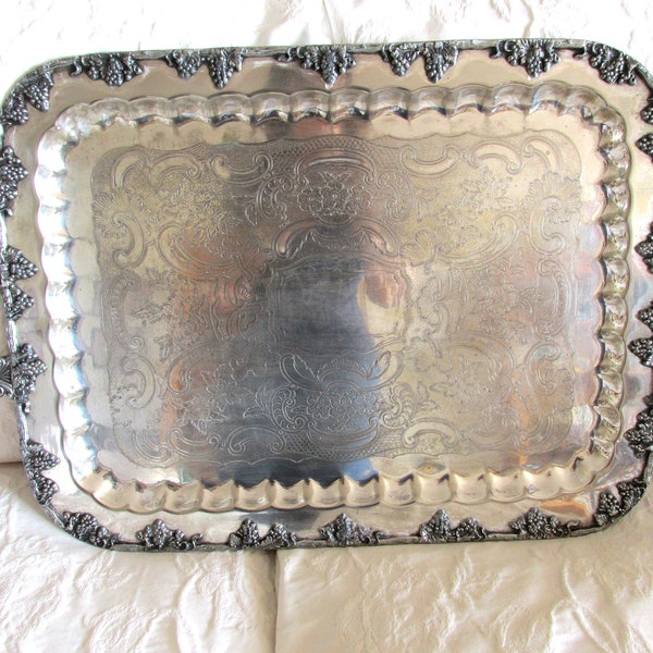 Waiter Tray in Silver Plate with Grape Design - Vintage - Free Shipping