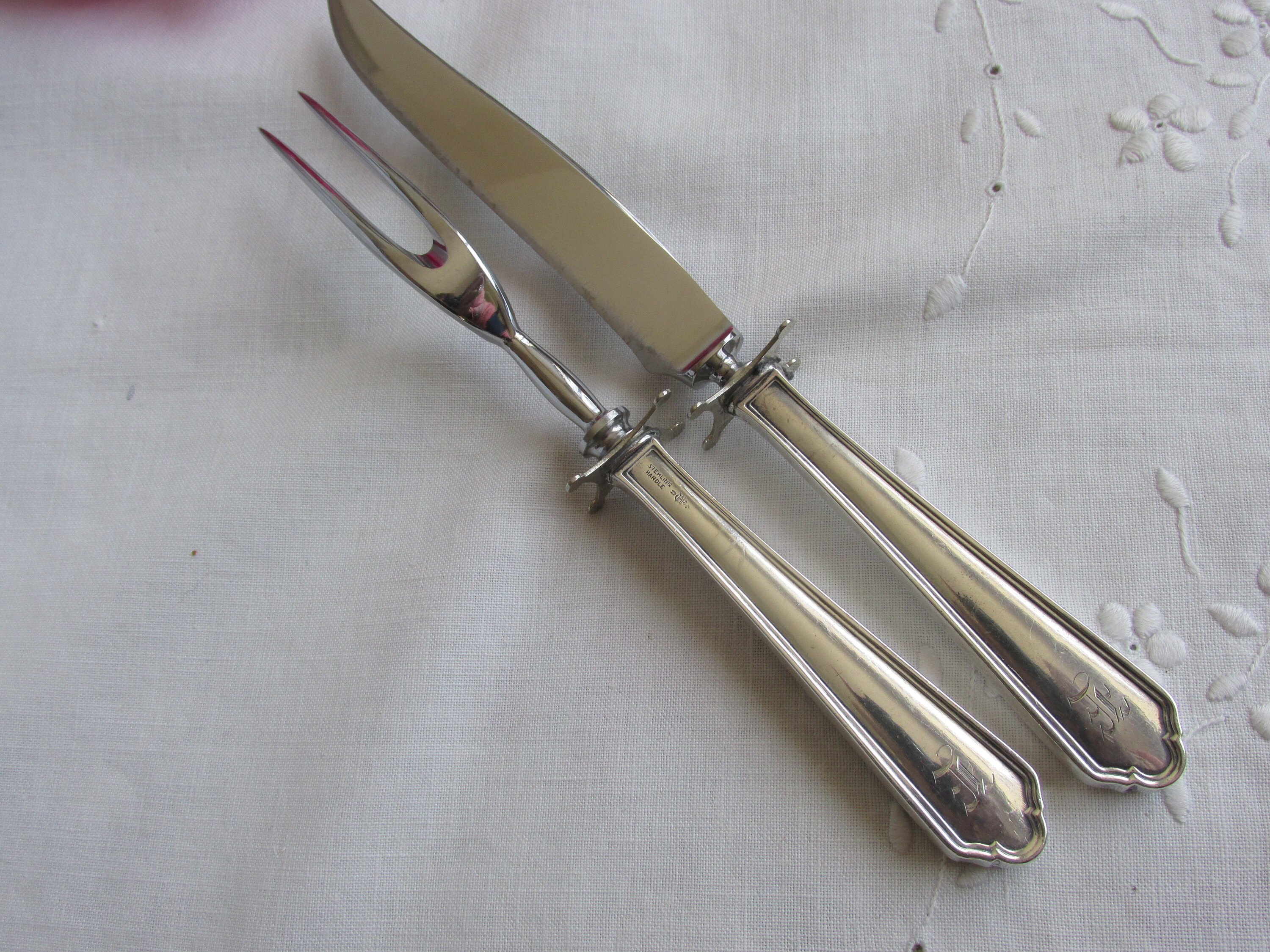 Vintage Reed & Barton Sterling Silver Roast Carving Fork/Knife/Sharpener  Set - 3 Piece Set