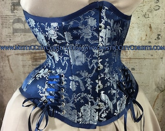 MCC-44L Navy Blue Bird Brocade underbust waist training tightlacing steel boned corset  MystiC City Corsets size