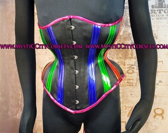 New MCC-95 Black Satin/PVC  Underbust long line tightlacing waist training corset MystiC City Corsets