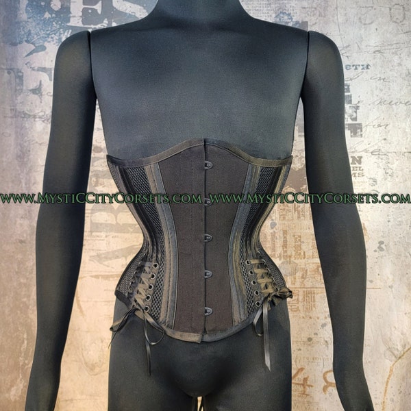 Nouveau MCC-58 avec liens aux hanches noir coton/maille sous le buste serré taille corset d'entraînement MystiC City Corsets