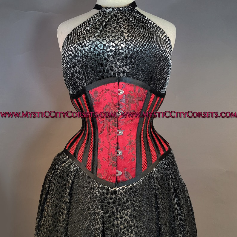 MCC-6 Brocade/Red Sport Mesh waspie corset underbust waist training tightlacing steel boned corset MystiC City Corsets image 3