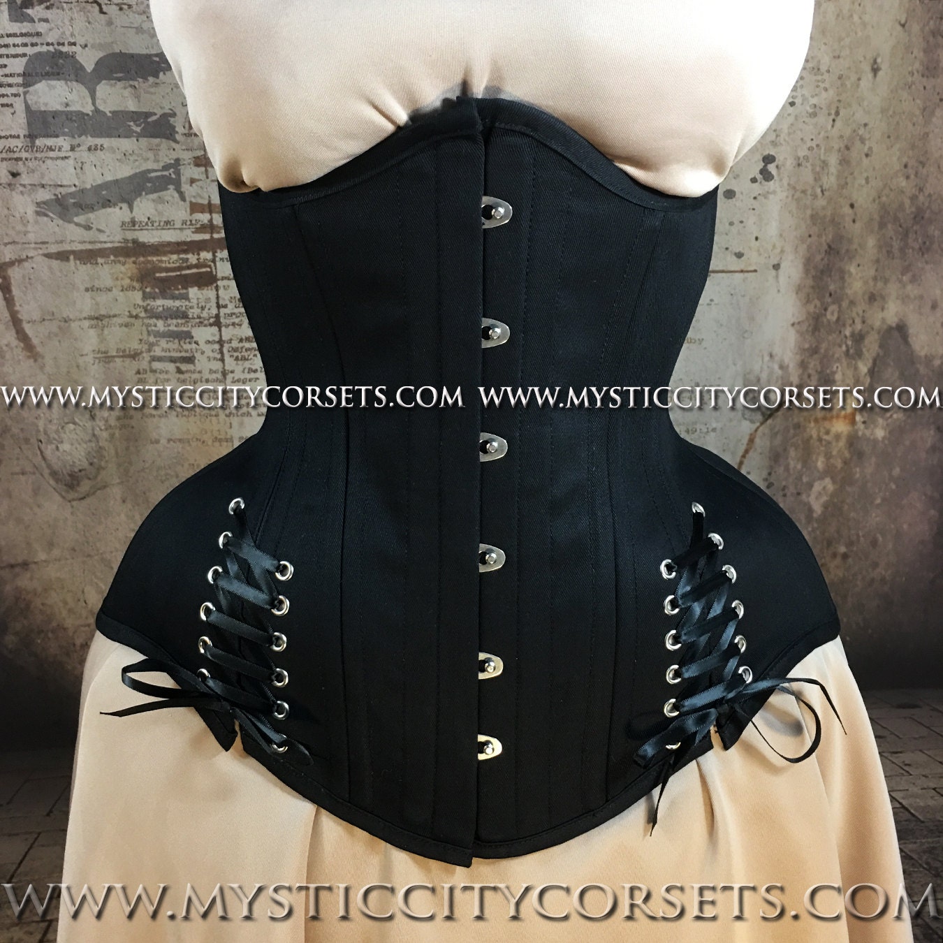 MCC112 Long Line Long Torso Black Satin Mesh Underbust corset