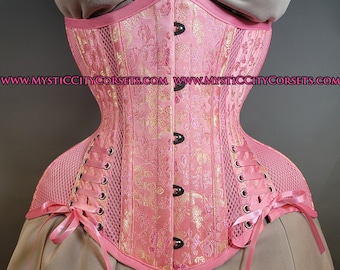 MCC-61V Pink brocade/Mesh underbust waist training tightlacing steel boned corset  MystiC City Corsets