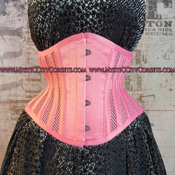 MCC-6 Pink Satin/Sport Mesh waspie corset underbust waist training tightlacing steel boned corset  MystiC City Corsets